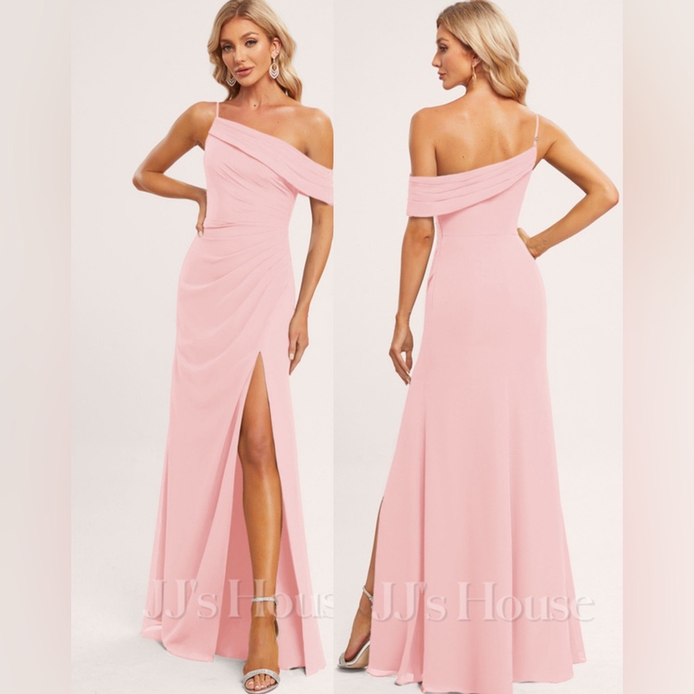 NWT JJ’s house Chiffon mermaid dress, one shoulder, floor length with ruffle sz2
